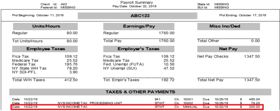 Client Tax Filing Specifications screen